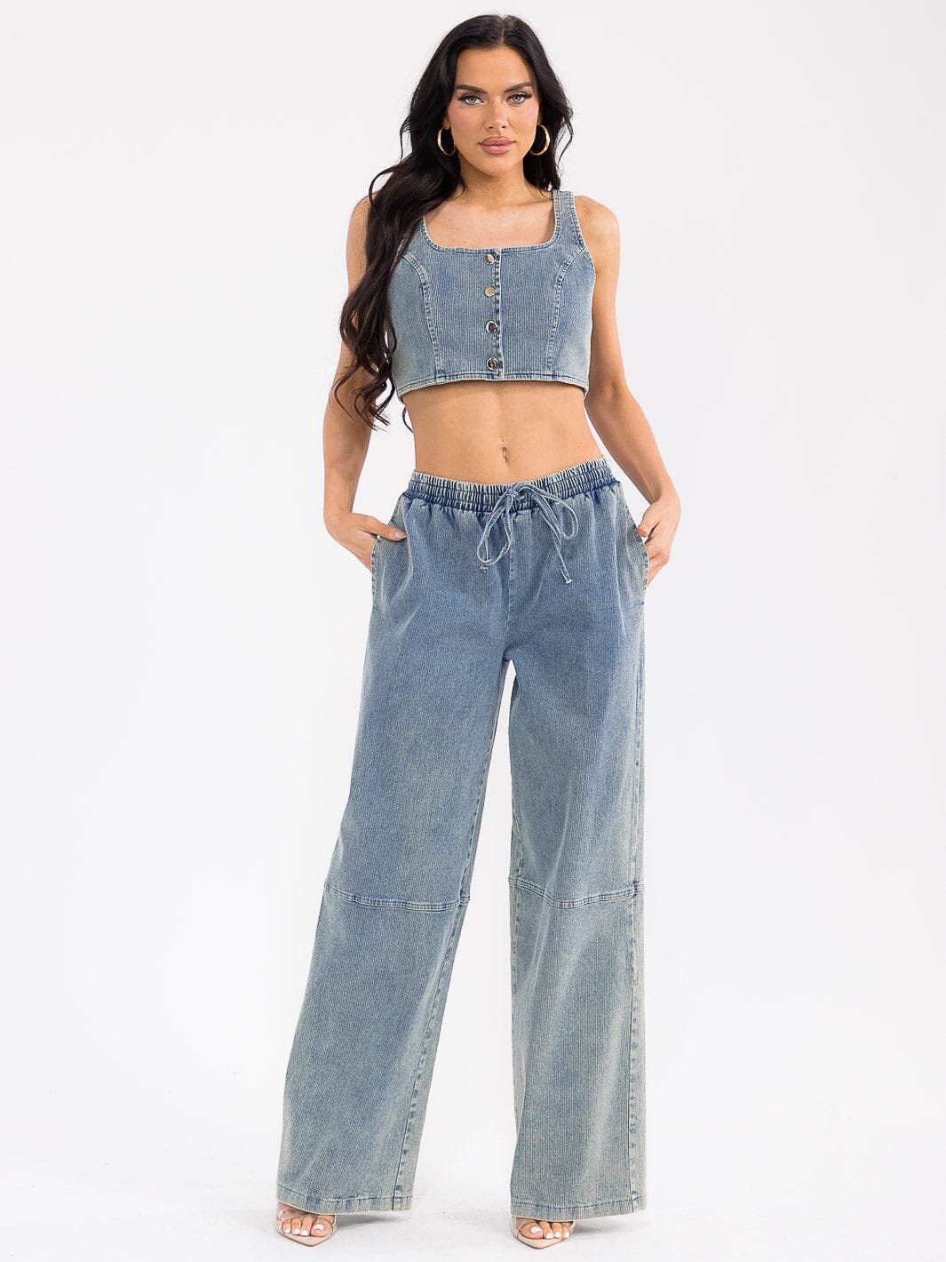 WOMEN'S SLEEVELESS CROP TOP & ELASTIC WAIST PANTS RIBBED DENIM 2PC. SET