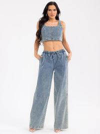 WOMEN'S SLEEVELESS CROP TOP & ELASTIC WAIST PANTS RIBBED DENIM 2PC. SET