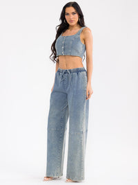WOMEN'S SLEEVELESS CROP TOP & ELASTIC WAIST PANTS RIBBED DENIM 2PC. SET