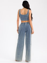 WOMEN'S SLEEVELESS CROP TOP & ELASTIC WAIST PANTS RIBBED DENIM 2PC. SET