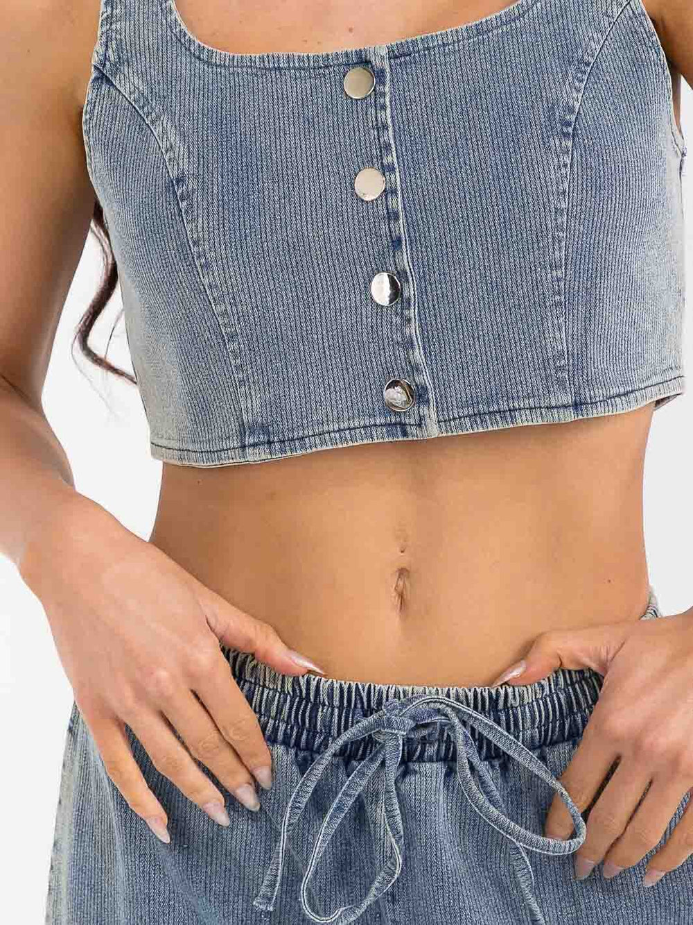 WOMEN'S SLEEVELESS CROP TOP & ELASTIC WAIST PANTS RIBBED DENIM 2PC. SET