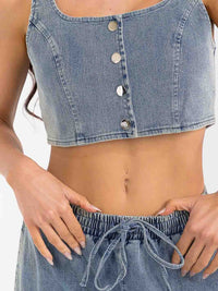 WOMEN'S SLEEVELESS CROP TOP & ELASTIC WAIST PANTS RIBBED DENIM 2PC. SET