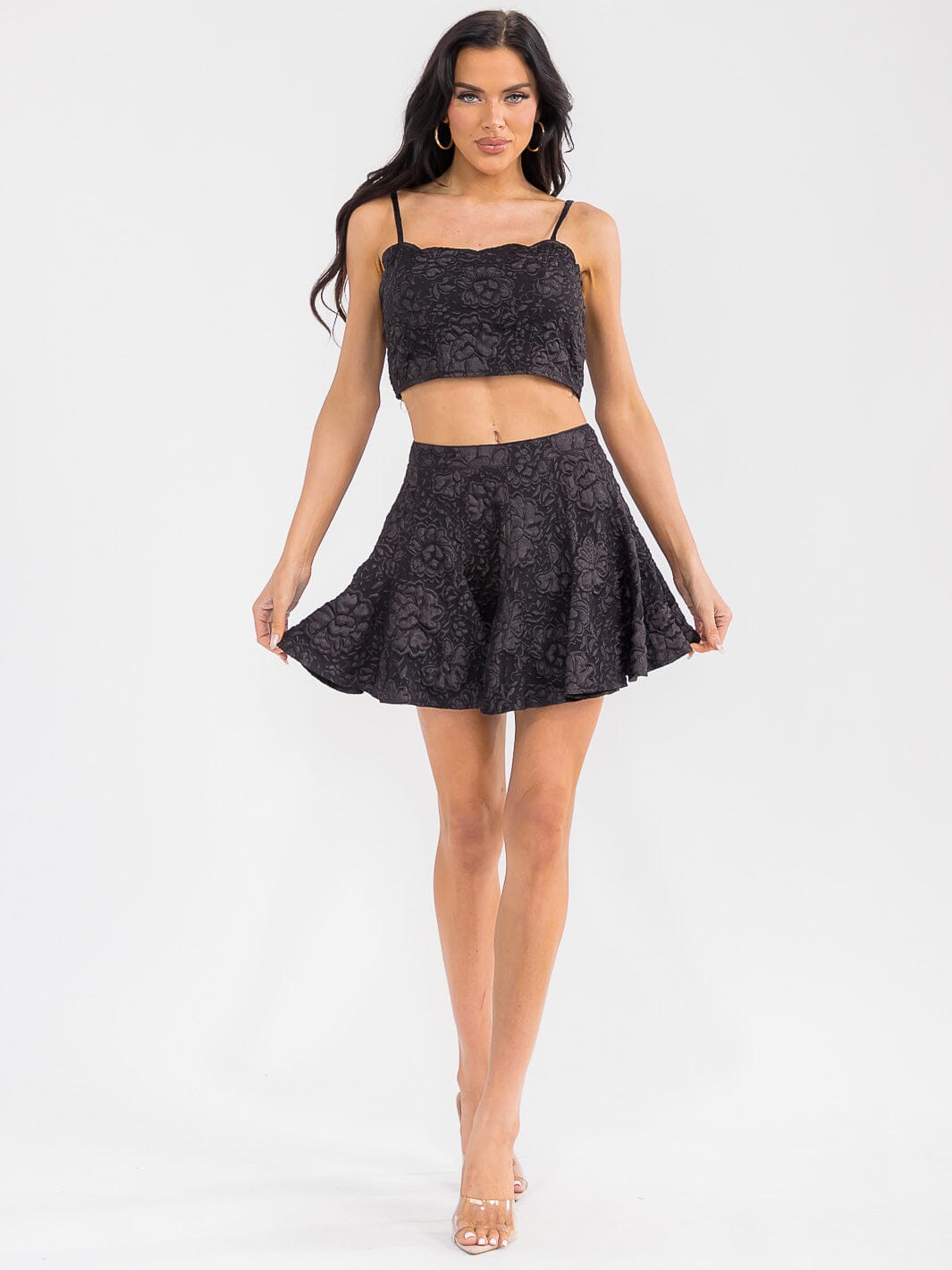 WOMEN'S SLEEVELESS CROP TOP & ZIP UP MINI SKIRT FLORAL DETAILED 2PC. SET