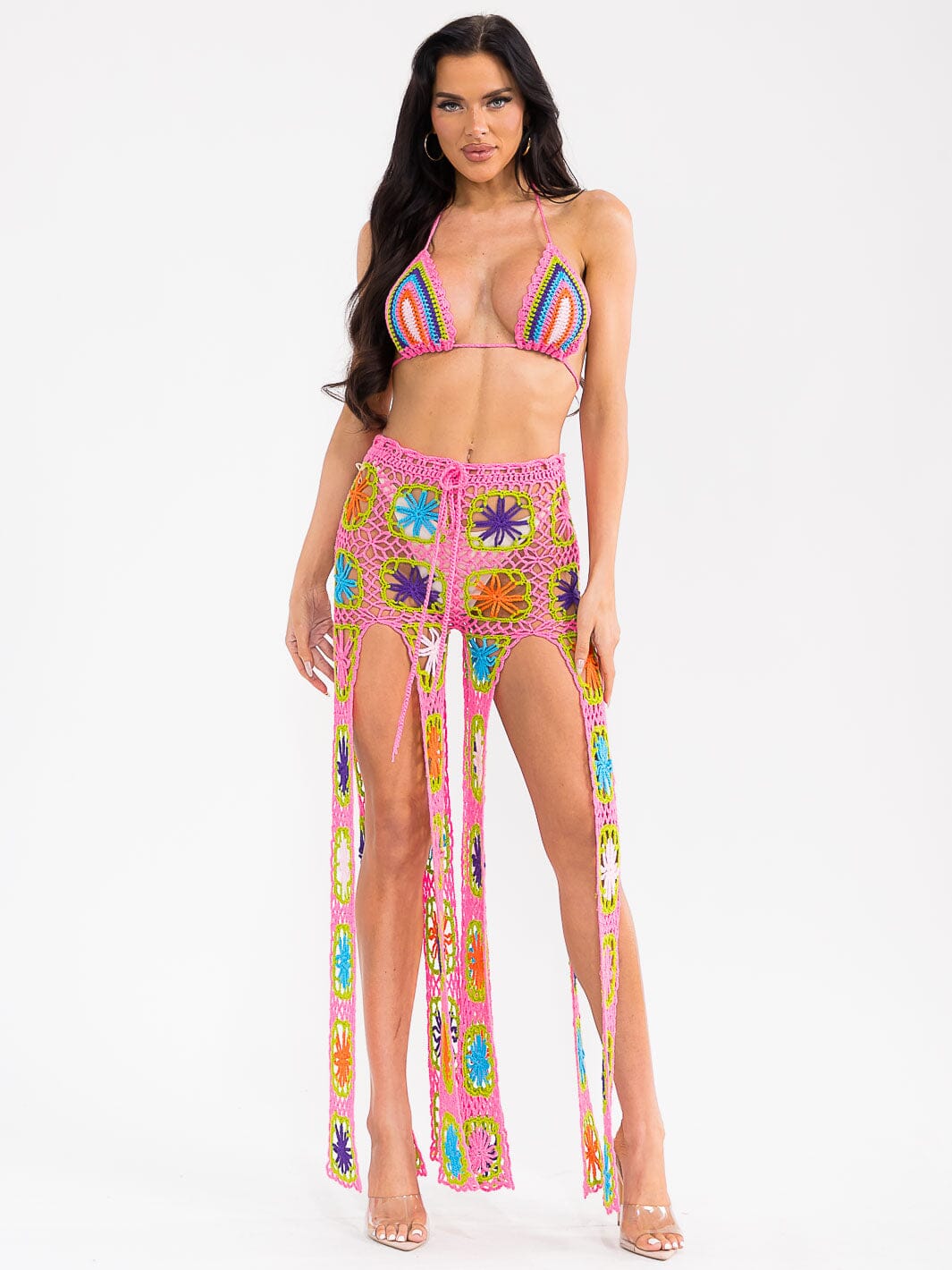 WOMEN'S BRALETTE & WAIST TIE SHORTS MULTI COLOR CROCHET 2PC. SET