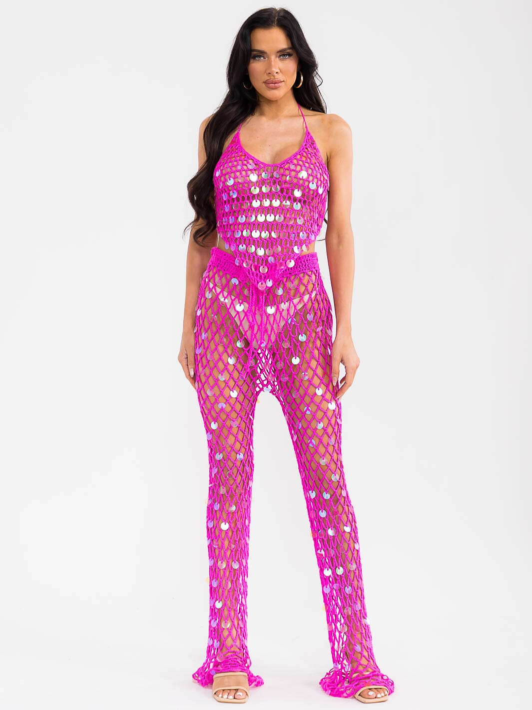 WOMEN'S SLEEVELESS HALTER NECK TOP & ADJUSTABLE WAIST PANTS CROCHET 2PC. SET