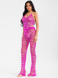 WOMEN'S SLEEVELESS HALTER NECK TOP & ADJUSTABLE WAIST PANTS CROCHET 2PC. SET
