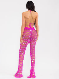 WOMEN'S SLEEVELESS HALTER NECK TOP & ADJUSTABLE WAIST PANTS CROCHET 2PC. SET