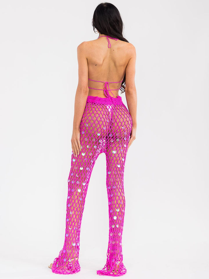 WOMEN'S SLEEVELESS HALTER NECK TOP & ADJUSTABLE WAIST PANTS CROCHET 2PC. SET