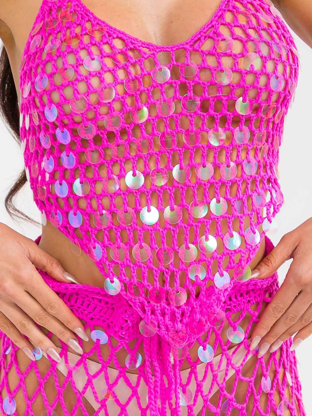 WOMEN'S SLEEVELESS HALTER NECK TOP & ADJUSTABLE WAIST PANTS CROCHET 2PC. SET