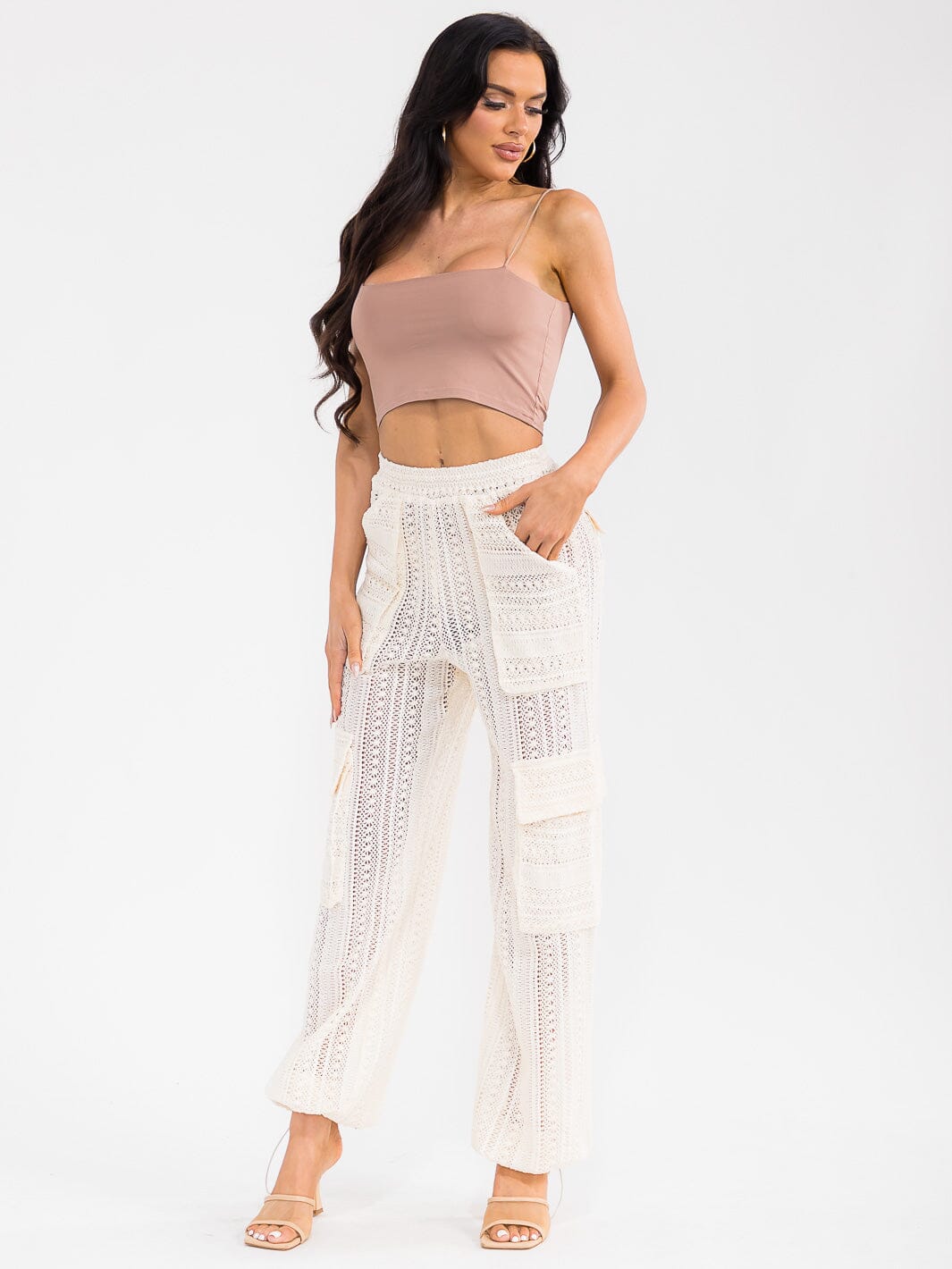 WOMEN'S ELASTIC WAIST CARGO POCKETS CROCHET JOGGER LEG PANTS