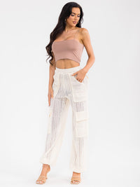WOMEN'S ELASTIC WAIST CARGO POCKETS CROCHET JOGGER LEG PANTS