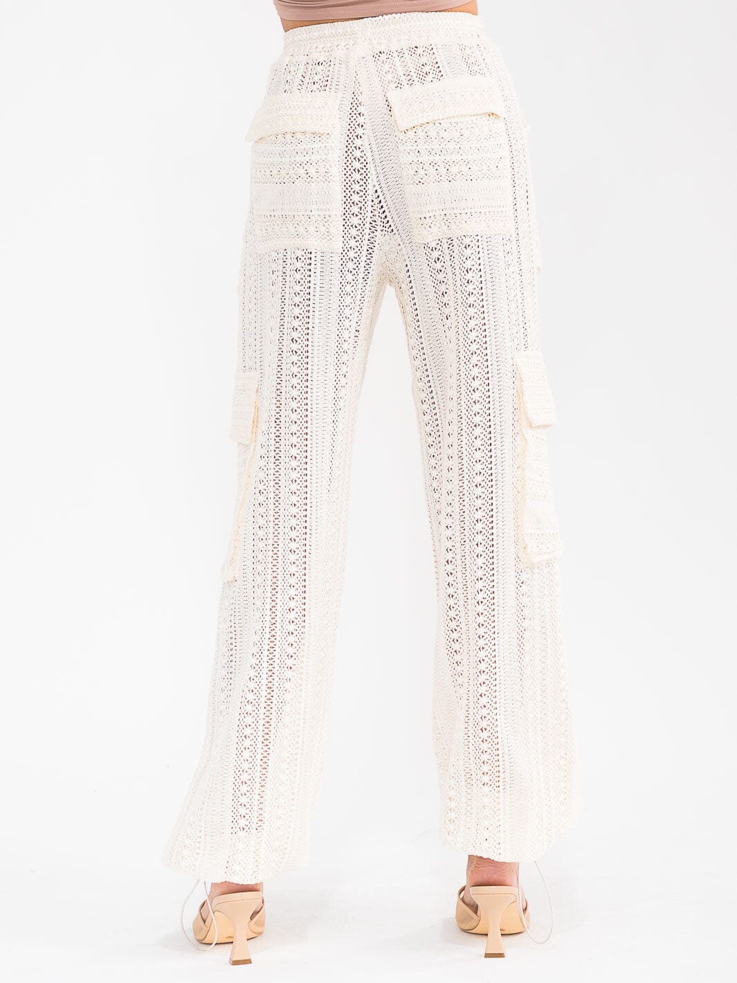 WOMEN'S ELASTIC WAIST CARGO POCKETS CROCHET JOGGER LEG PANTS