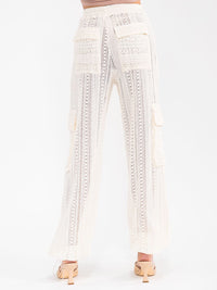 WOMEN'S ELASTIC WAIST CARGO POCKETS CROCHET JOGGER LEG PANTS