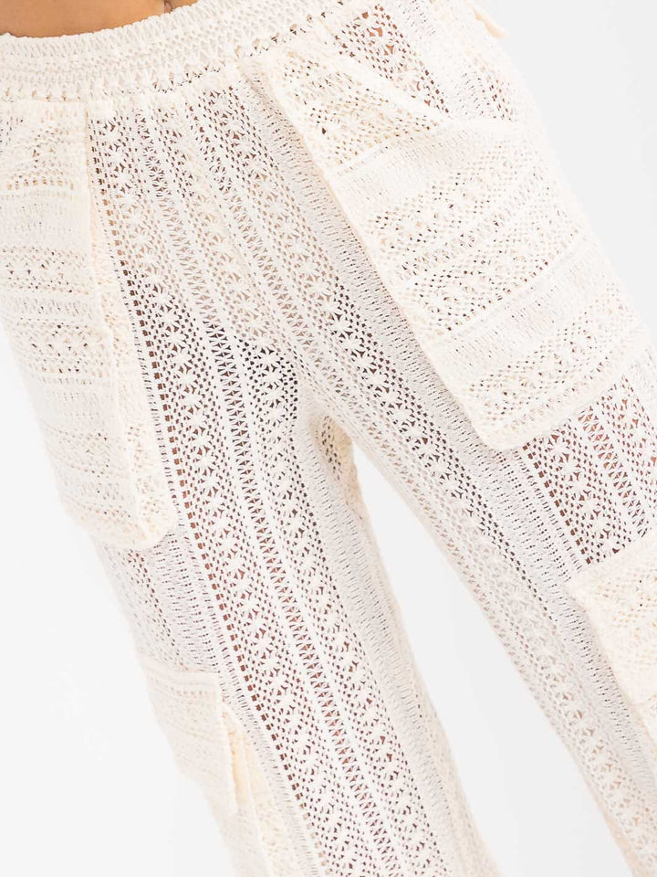 WOMEN'S ELASTIC WAIST CARGO POCKETS CROCHET JOGGER LEG PANTS