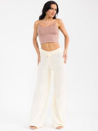 WOMEN'S ELASTIC WAIST RHINESTONES KNIT WIDE LEG PANTS