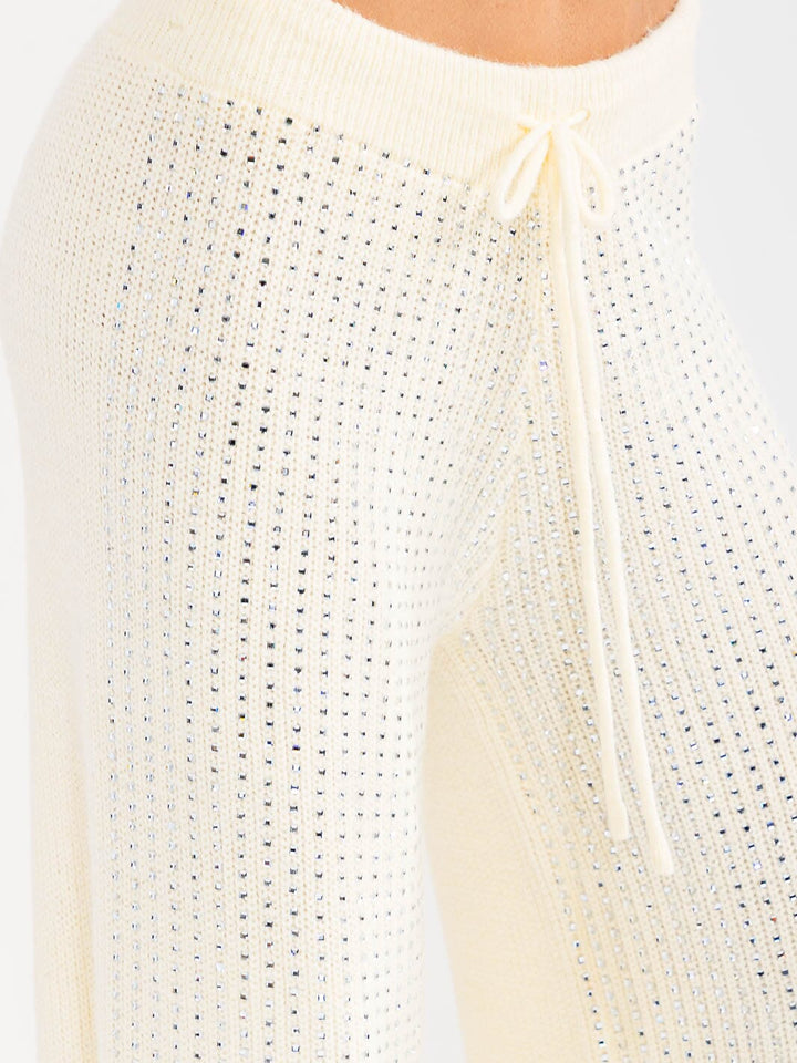 WOMEN'S ELASTIC WAIST RHINESTONES KNIT WIDE LEG PANTS