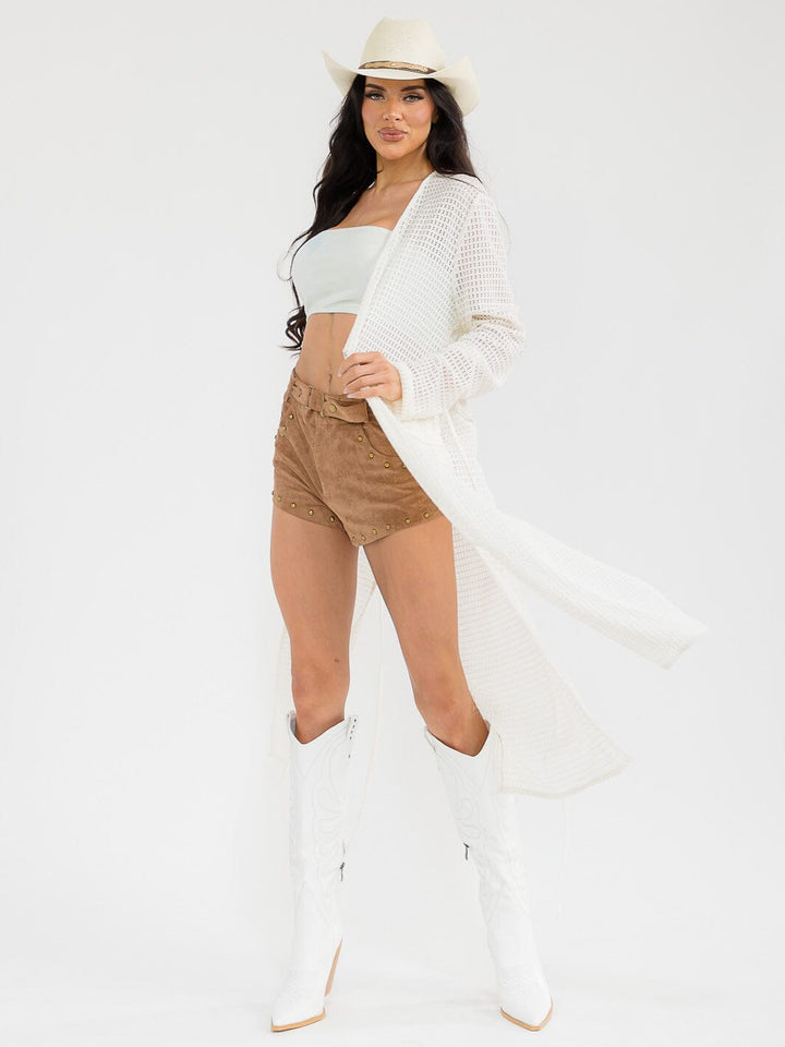 WOMEN'S LONG SLEEVE SELF TIE OPEN FRONT FISHNET CARDIGAN