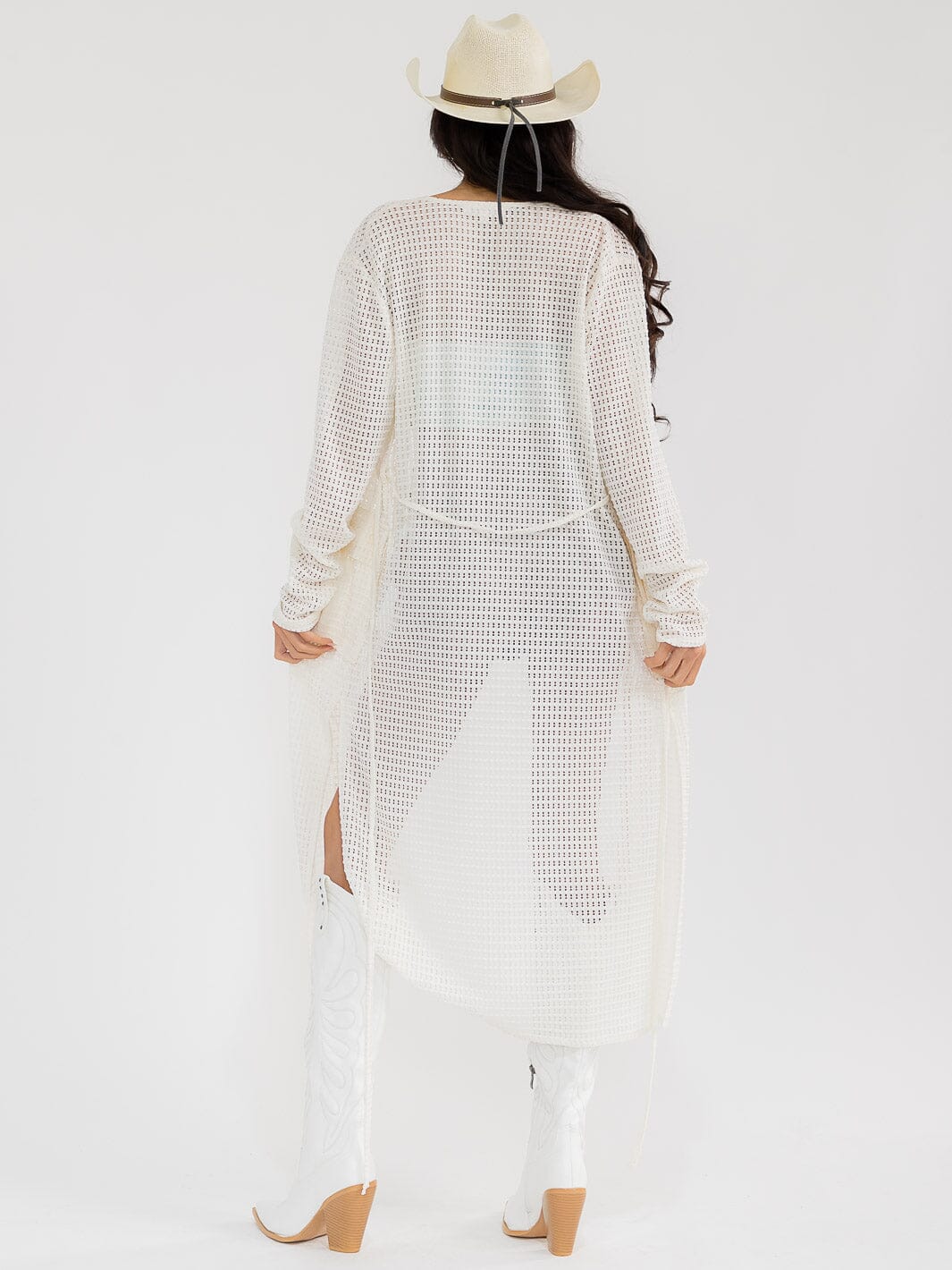 WOMEN'S LONG SLEEVE SELF TIE OPEN FRONT FISHNET CARDIGAN