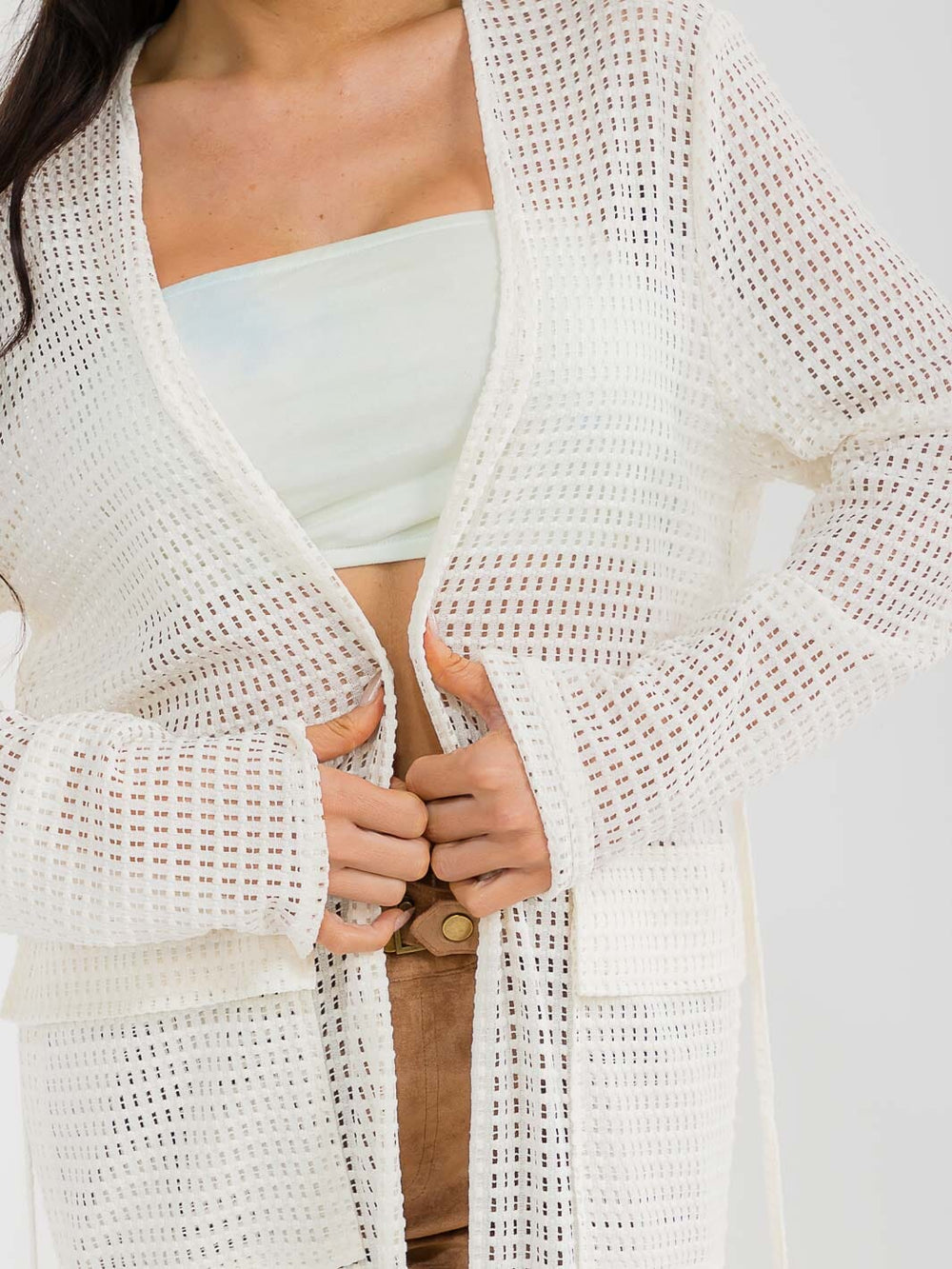 WOMEN'S LONG SLEEVE SELF TIE OPEN FRONT FISHNET CARDIGAN