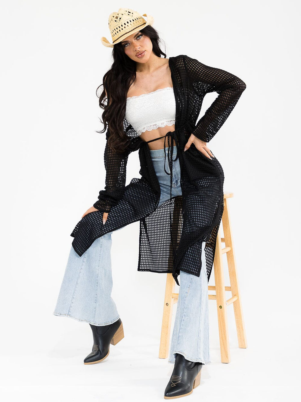 WOMEN'S LONG SLEEVE SELF TIE OPEN FRONT FISHNET CARDIGAN