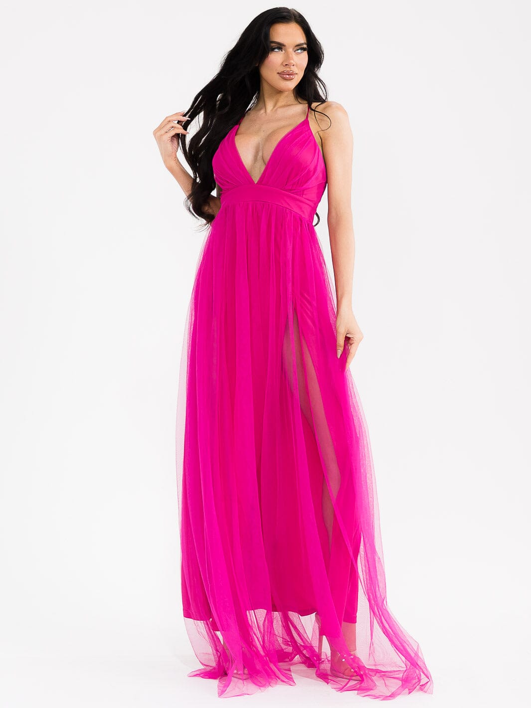 WOMEN'S SLEEVELESS V-NECK OPEN BACK FRONT SLIT MAXI DRESS FUCHSIA / 2S-2M-2L