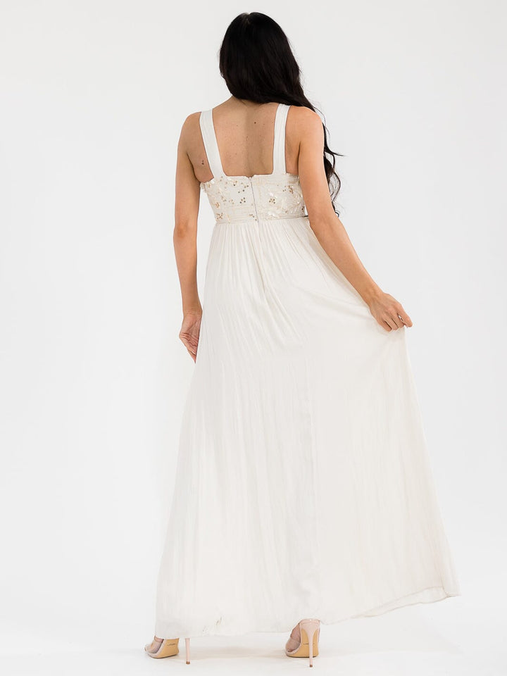 WOMEN'S SLEEVELESS SQUARE NECK FLORAL SEQUINS FRONT POCKETS MAXI DRESS