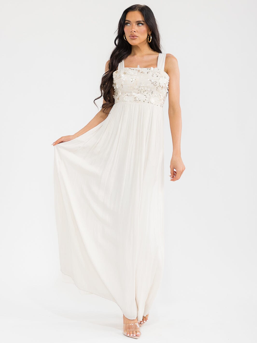 WOMEN'S SLEEVELESS SQUARE NECK FLORAL SEQUINS FRONT POCKETS MAXI DRESS