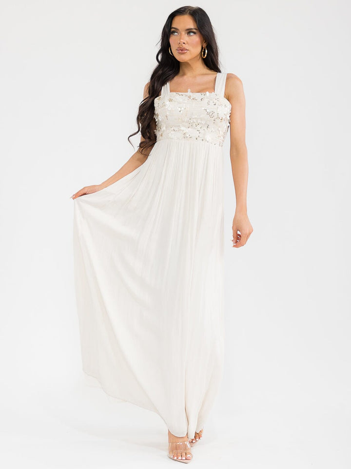 WOMEN'S SLEEVELESS SQUARE NECK FLORAL SEQUINS FRONT POCKETS MAXI DRESS