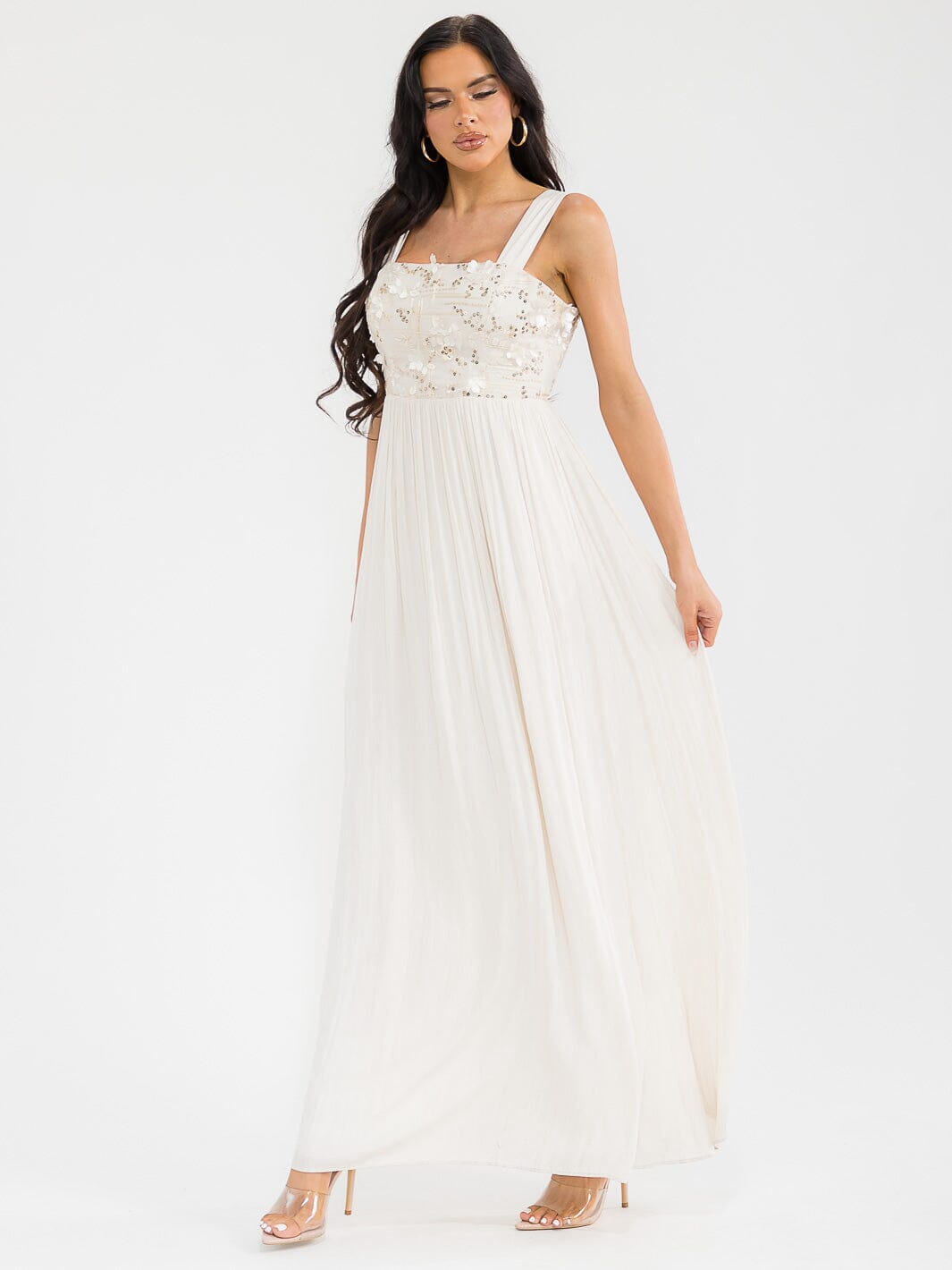 WOMEN'S SLEEVELESS SQUARE NECK FLORAL SEQUINS FRONT POCKETS MAXI DRESS