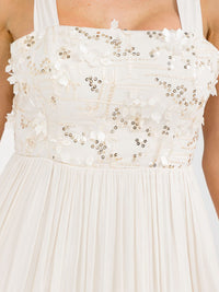 WOMEN'S SLEEVELESS SQUARE NECK FLORAL SEQUINS FRONT POCKETS MAXI DRESS