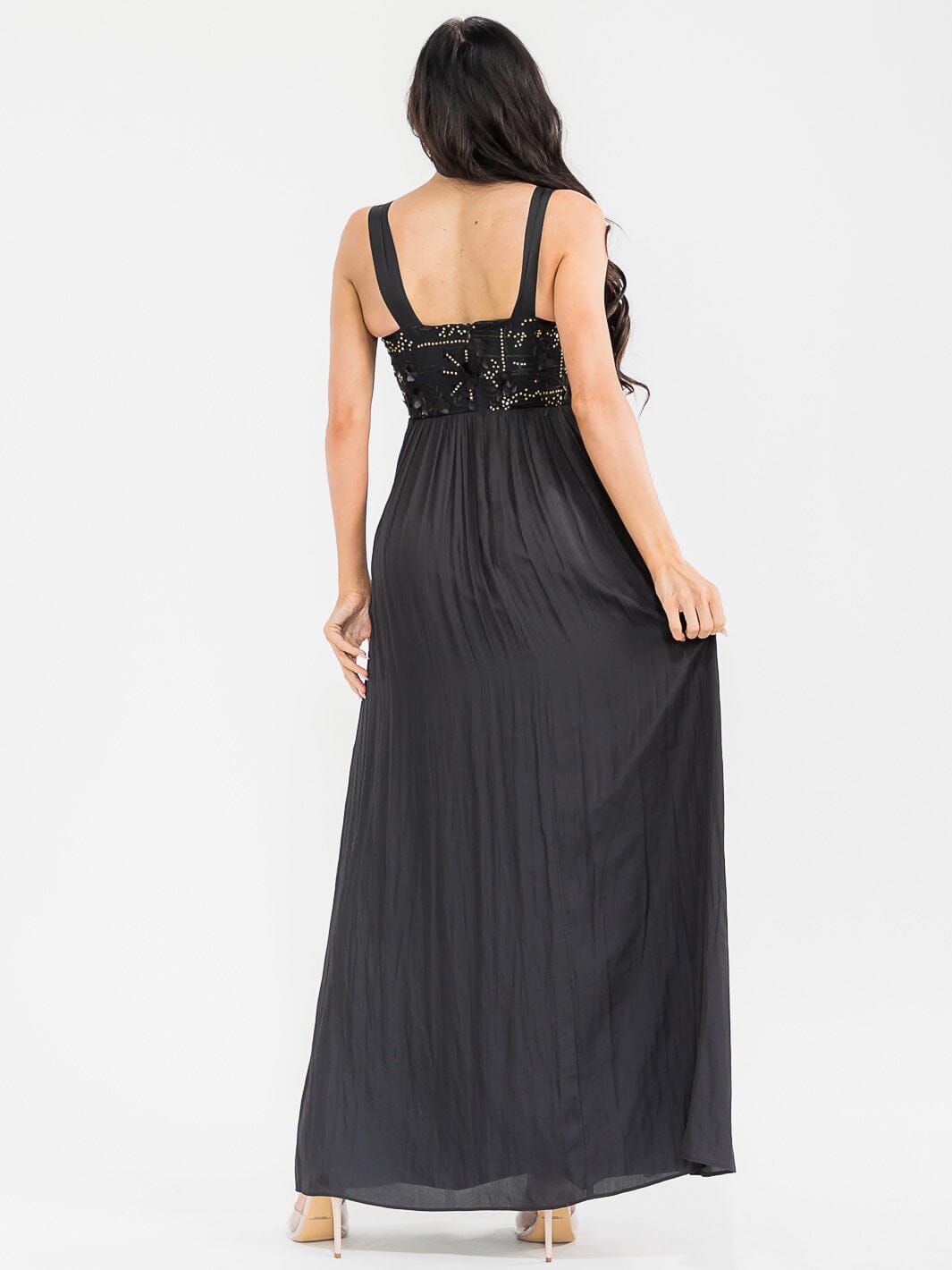 WOMEN'S SLEEVELESS SQUARE NECK FLORAL SEQUINS FRONT POCKETS MAXI DRESS