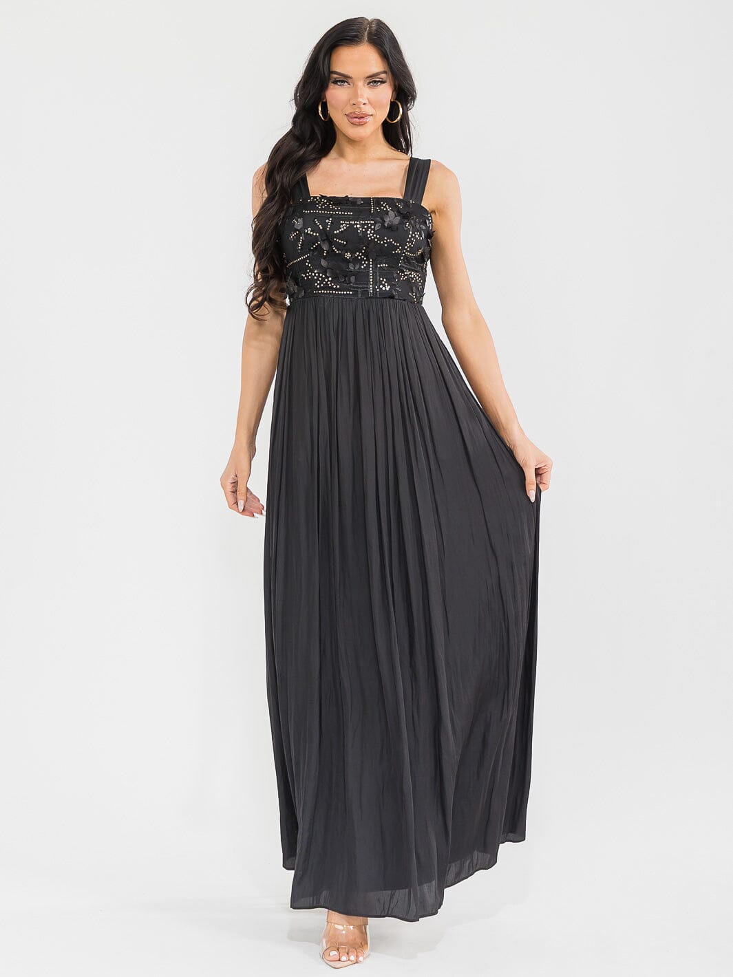 WOMEN'S SLEEVELESS SQUARE NECK FLORAL SEQUINS FRONT POCKETS MAXI DRESS