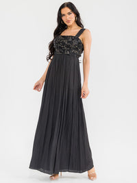 WOMEN'S SLEEVELESS SQUARE NECK FLORAL SEQUINS FRONT POCKETS MAXI DRESS