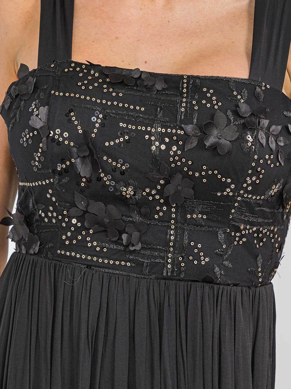 WOMEN'S SLEEVELESS SQUARE NECK FLORAL SEQUINS FRONT POCKETS MAXI DRESS