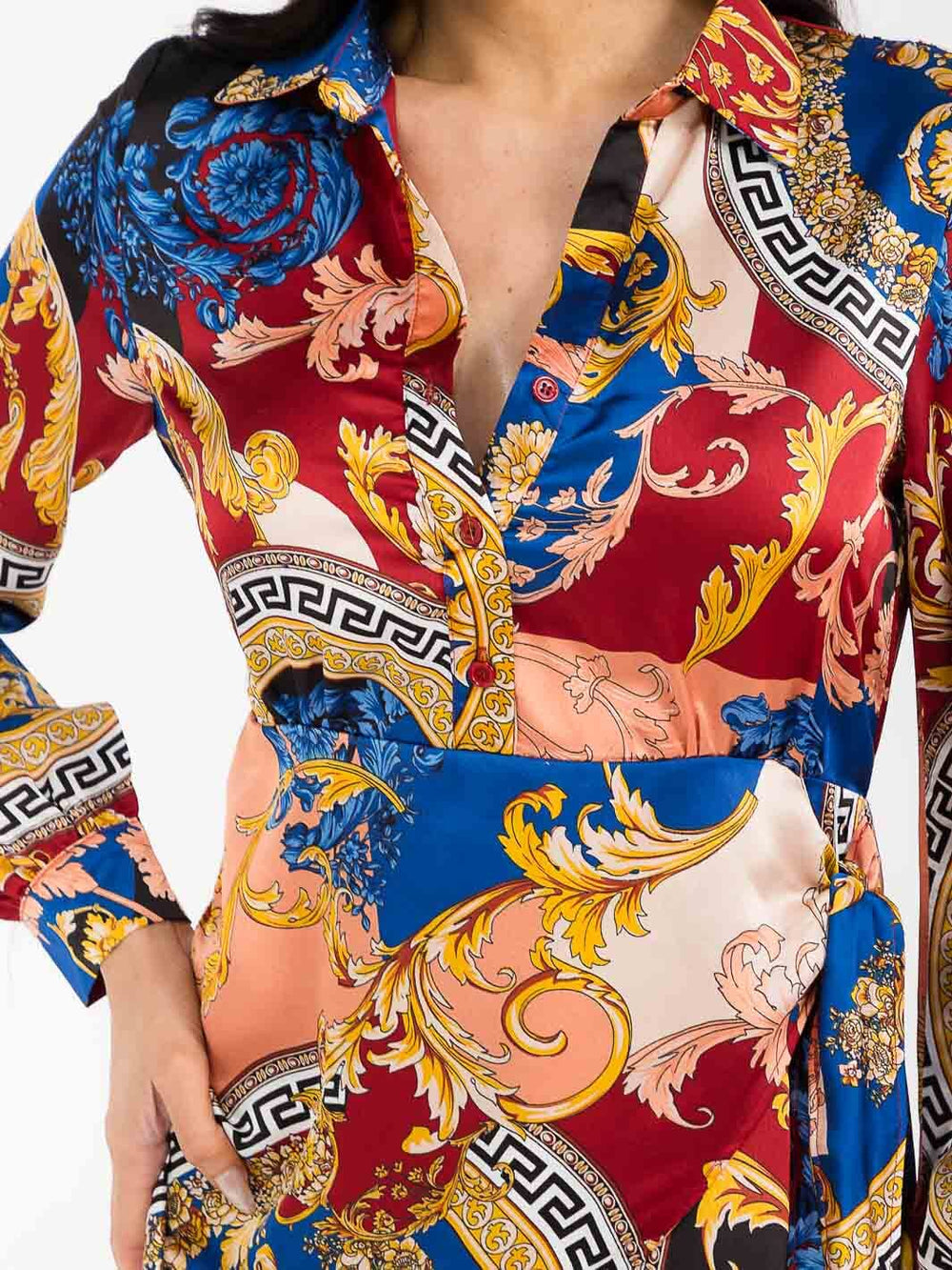 WOMEN'S LONG SLEEVE SURPLICE BODYCON MULTI PRINT MINI DRESS