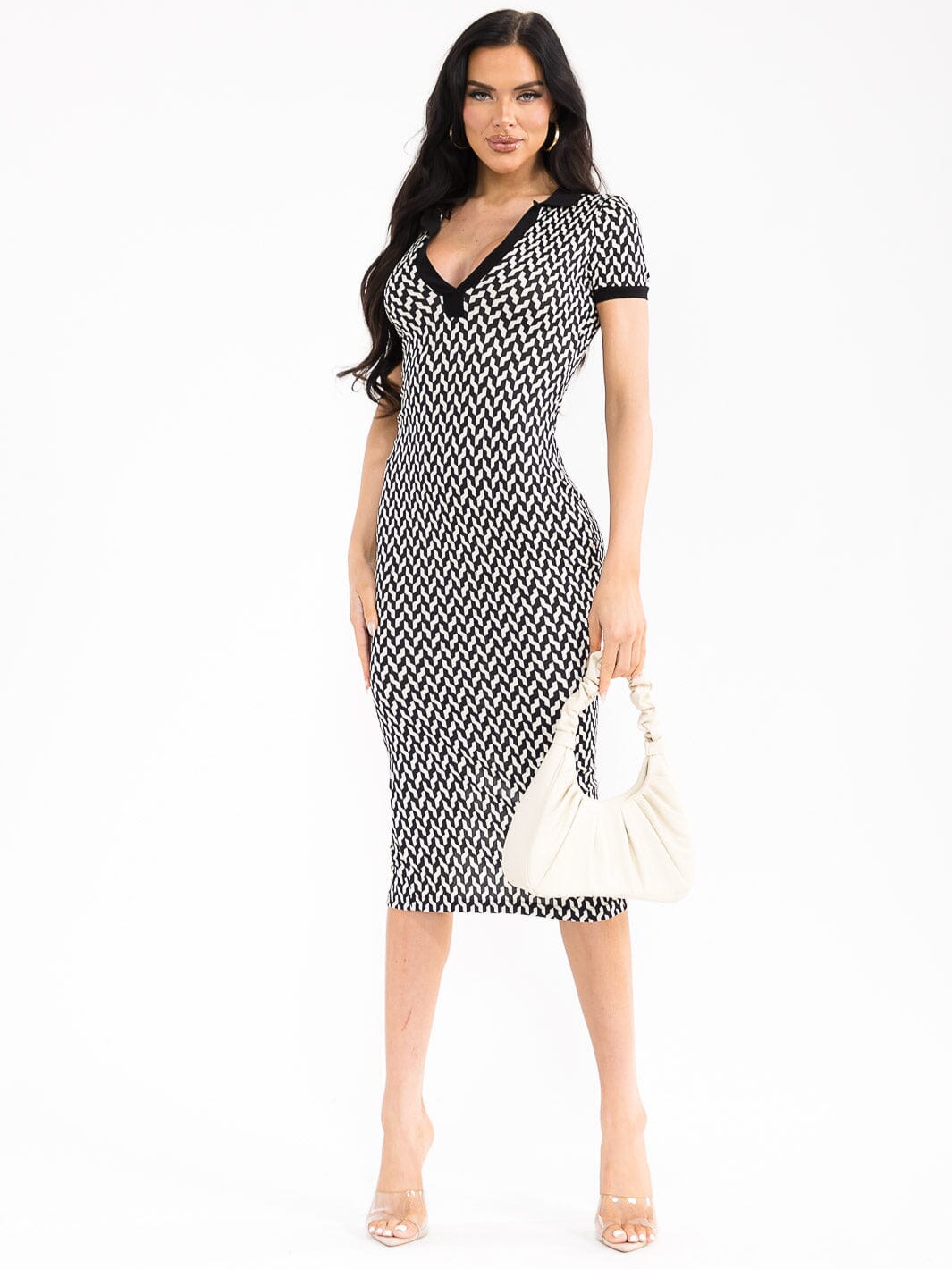 WOMEN'S SHORT SLEEVE V-NECK PRINT BODYCON MIDI DRESS