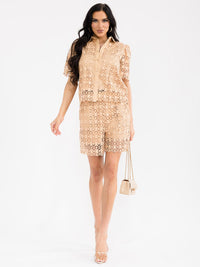 WOMEN'S SHORT SLEEVE BLOUSE & ELASTIC WAIST SHORTS CROCHET 2PC. SET