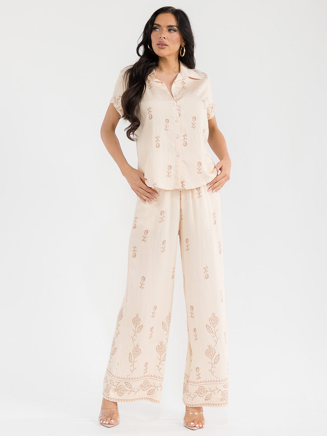 WOMEN'S SHORT SLEEVE BLOUSE & ELASTIC WAIST PANTS EMBROIDERY 2PC. SET