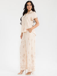 WOMEN'S SHORT SLEEVE BLOUSE & ELASTIC WAIST PANTS EMBROIDERY 2PC. SET