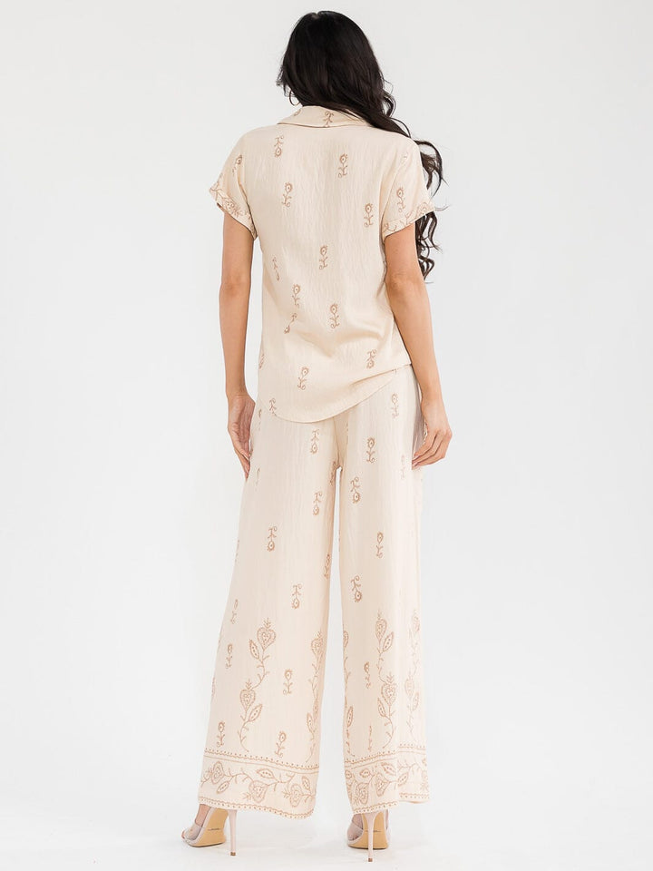 WOMEN'S SHORT SLEEVE BLOUSE & ELASTIC WAIST PANTS EMBROIDERY 2PC. SET