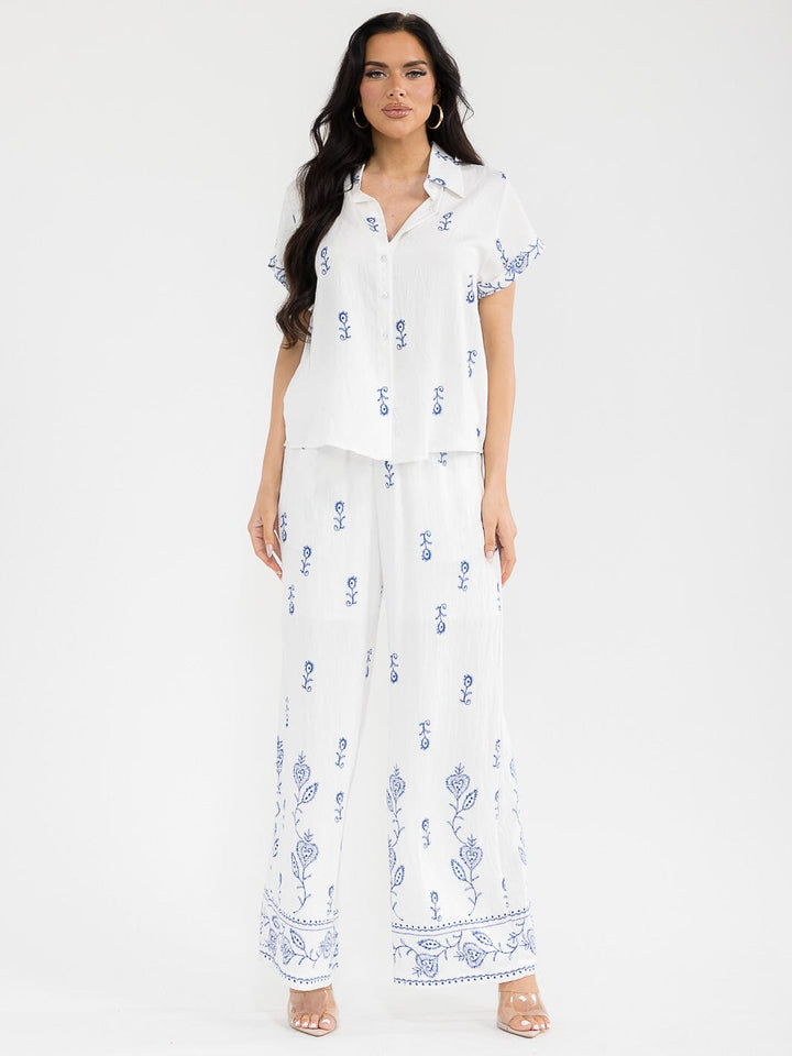 WOMEN'S SHORT SLEEVE BLOUSE & ELASTIC WAIST PANTS EMBROIDERY 2PC. SET