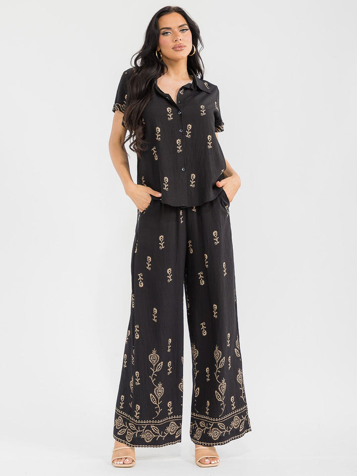 WOMEN'S SHORT SLEEVE BLOUSE & ELASTIC WAIST PANTS EMBROIDERY 2PC. SET
