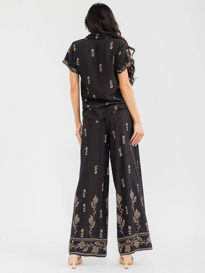 WOMEN'S SHORT SLEEVE BLOUSE & ELASTIC WAIST PANTS EMBROIDERY 2PC. SET