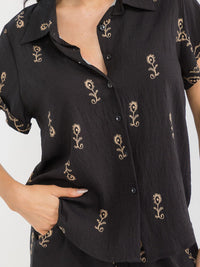 WOMEN'S SHORT SLEEVE BLOUSE & ELASTIC WAIST PANTS EMBROIDERY 2PC. SET