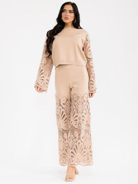WOMEN'S LONG BELL SLEEVE PULLOVER SWEATER & ELASTIC WAIST PANTS CROCHET 2PC. SET