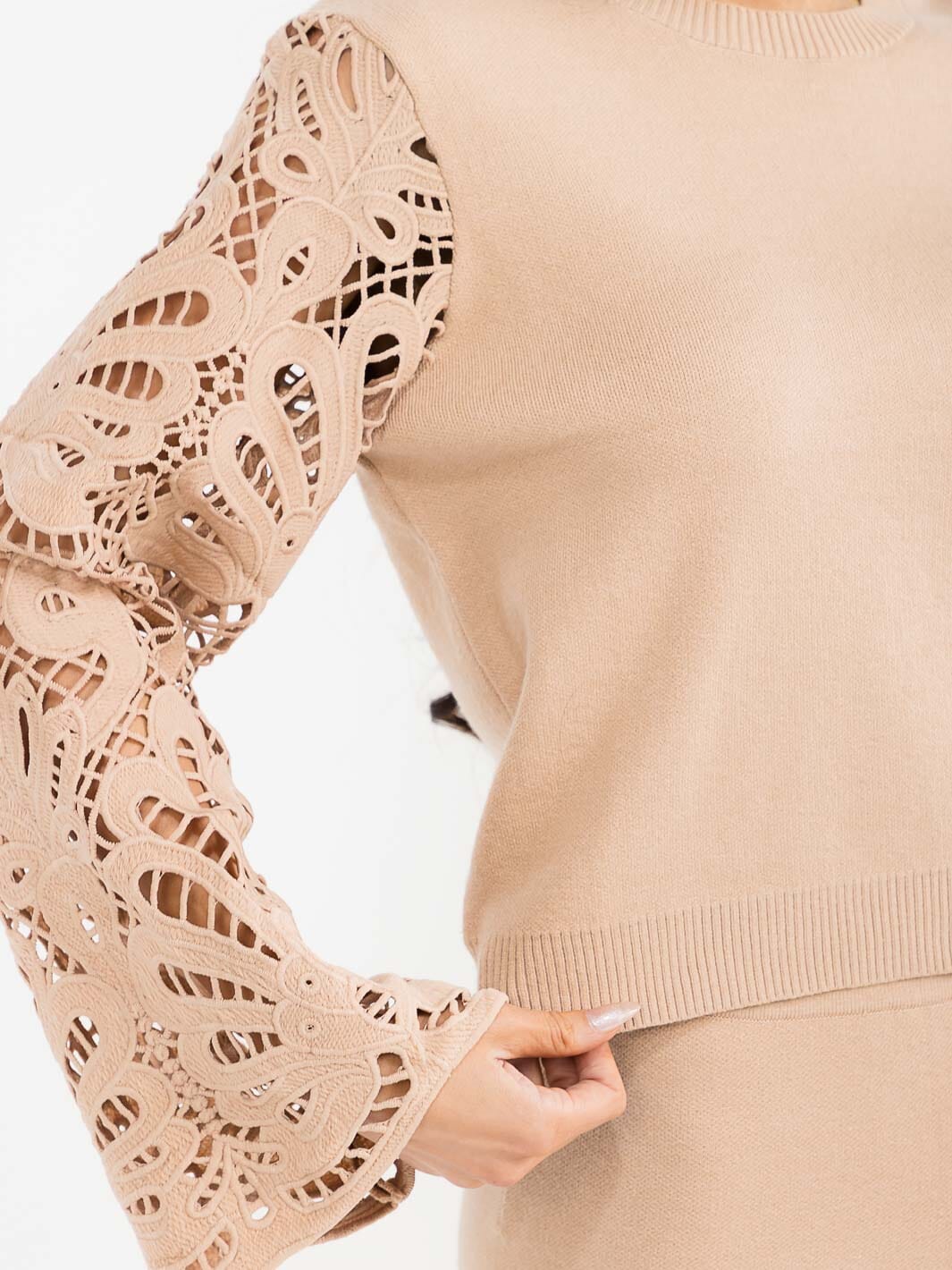 WOMEN'S LONG BELL SLEEVE PULLOVER SWEATER & ELASTIC WAIST PANTS CROCHET 2PC. SET