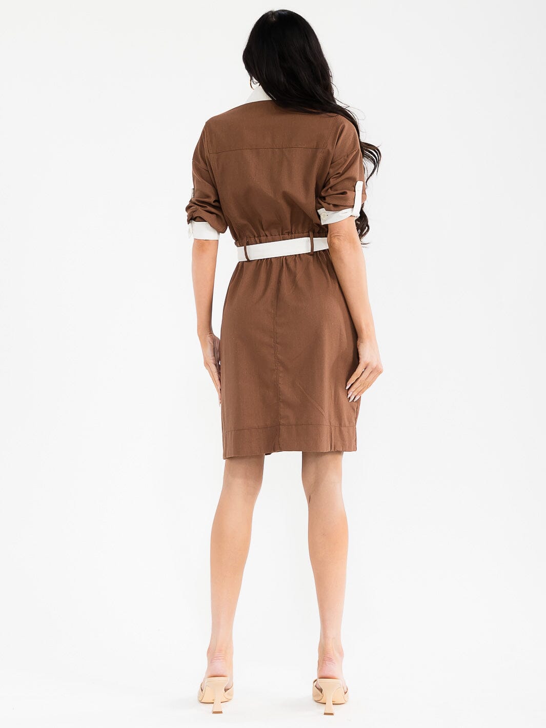 WOMEN'S SHORT SLEEVE BUTTON UP FRONT POCKETS SELF TIE COLORBLOCK MIDI DRESS