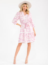 WOMEN'S 3/4 SLEEVE V-NECK SELF TIE MULTI PRINT MIDI DRESS