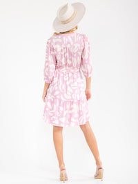 WOMEN'S 3/4 SLEEVE V-NECK SELF TIE MULTI PRINT MIDI DRESS