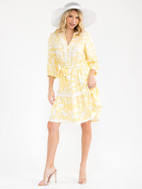WOMEN'S 3/4 SLEEVE V-NECK SELF TIE MULTI PRINT MIDI DRESS